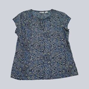 Liz Claiborne Petite PL Blue Geometric Print Cotton Tie Neck Tunic Top